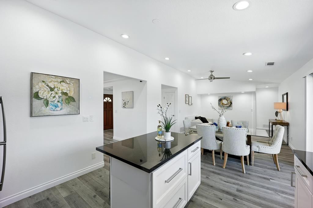 Dining room, Interior, Recessed Lighting, Wood Texture Flooring