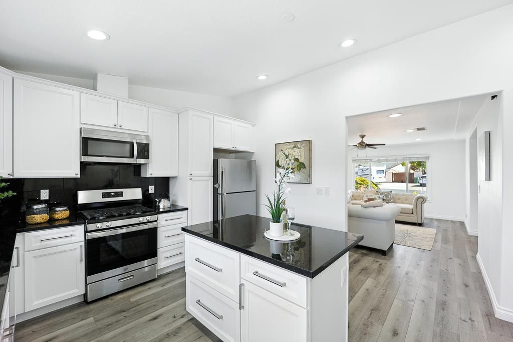 Interior, Kitchen, Living room, Recessed Lighting, Stainless Steel Appliances, Wood Texture Flooring