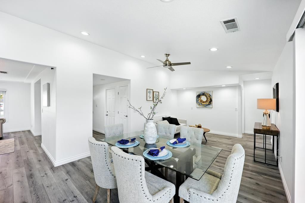 Dining room, Interior, Recessed Lighting, Wood Texture Flooring