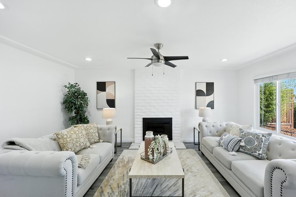 Fireplace, Interior, Living room, Recessed Lighting, Stone Walls