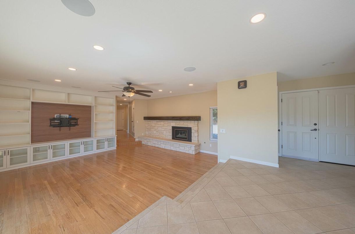 Empty room, Fireplace, Interior, Recessed Lighting, Wood Texture Flooring