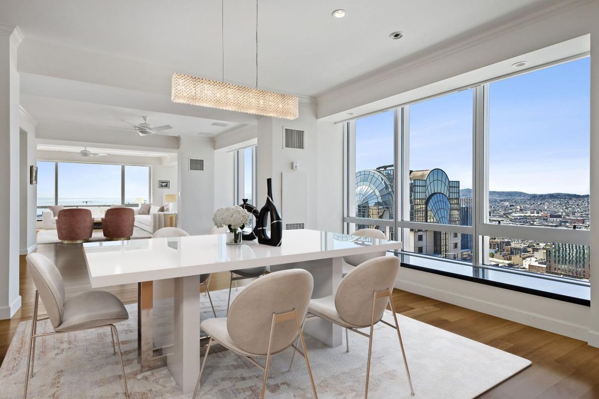 Chandelier, Dining room, Interior, Recessed Lighting, Wood Texture Flooring