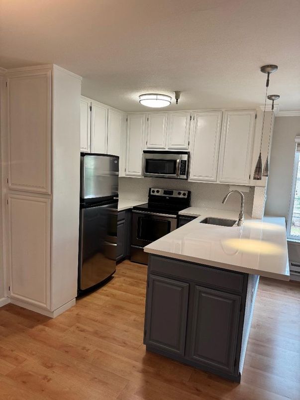 Interior, Kitchen, Pendant Lights, Stainless Steel Appliances, Wood Texture Flooring
