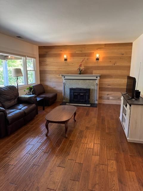 Fireplace, Interior, Living room, Wood Texture Flooring, Wooden Walls