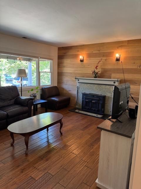Fireplace, Interior, Living room, Wood Texture Flooring, Wooden Walls