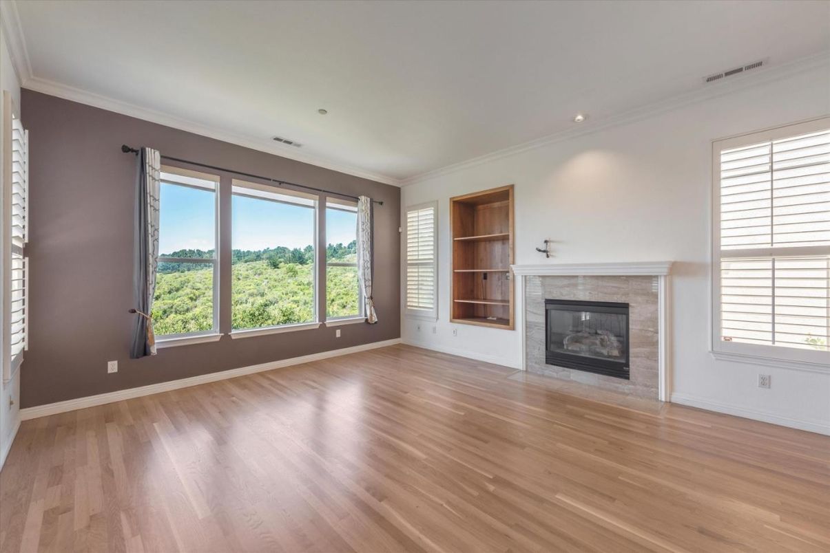 Empty room, Fireplace, Interior, Recessed Lighting, Wood Texture Flooring