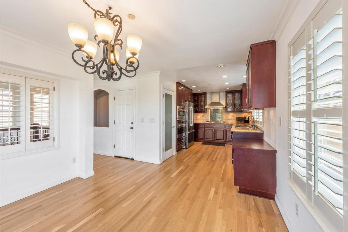 Chandelier, Interior, Kitchen, Recessed Lighting, Stainless Steel Appliances, Wood Texture Flooring