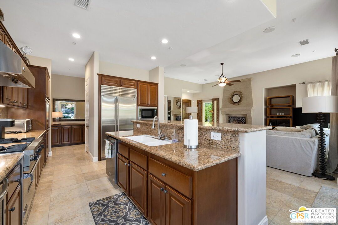 Fireplace, Interior, Kitchen, Living room, Recessed Lighting, Stainless Steel Appliances