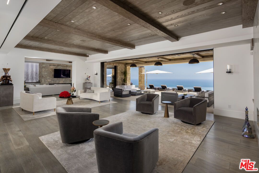 Interior, Living room, Recessed Lighting, Stone Walls, Water, Wooden Beams, Wooden Ceilings, Wood Texture Flooring
