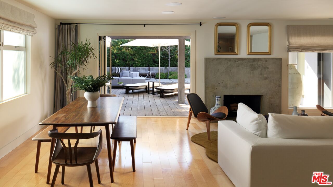 Dining room, Fireplace, Interior, Living room, Recessed Lighting, Wood Texture Flooring