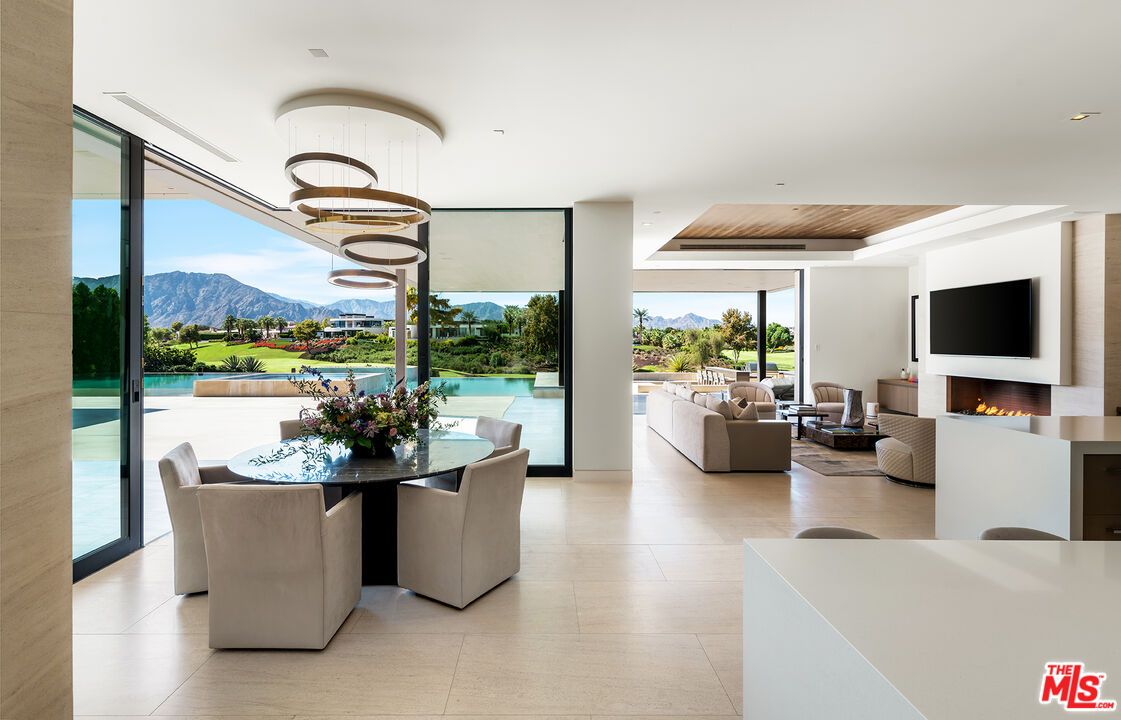 Dining room, Fireplace, Interior, Living room, Pendant Lights, Recessed Lighting, Wooden Ceilings