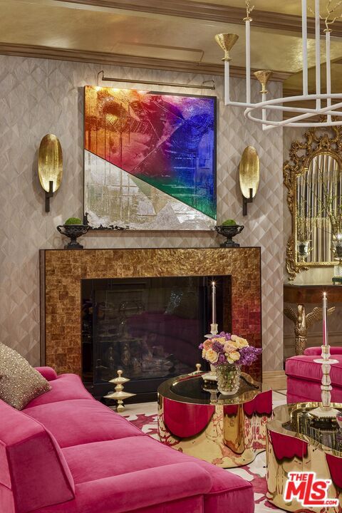 Chandelier, Fireplace, Interior, Stone Walls