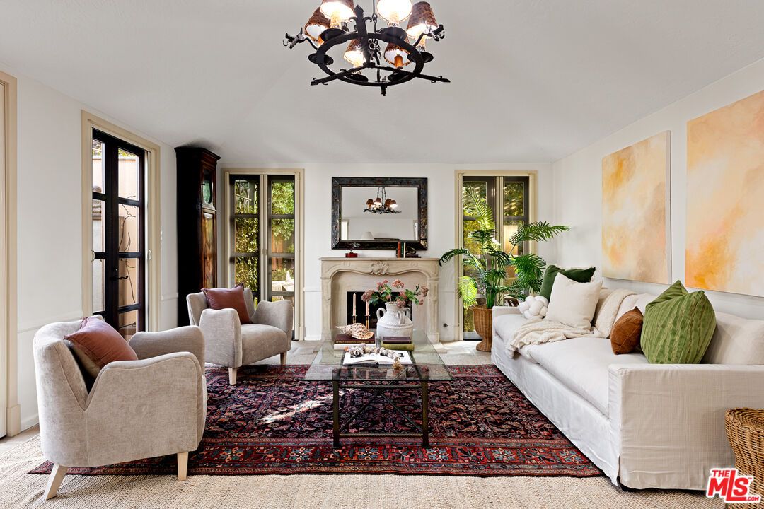 Chandelier, Fireplace, Interior, Living room