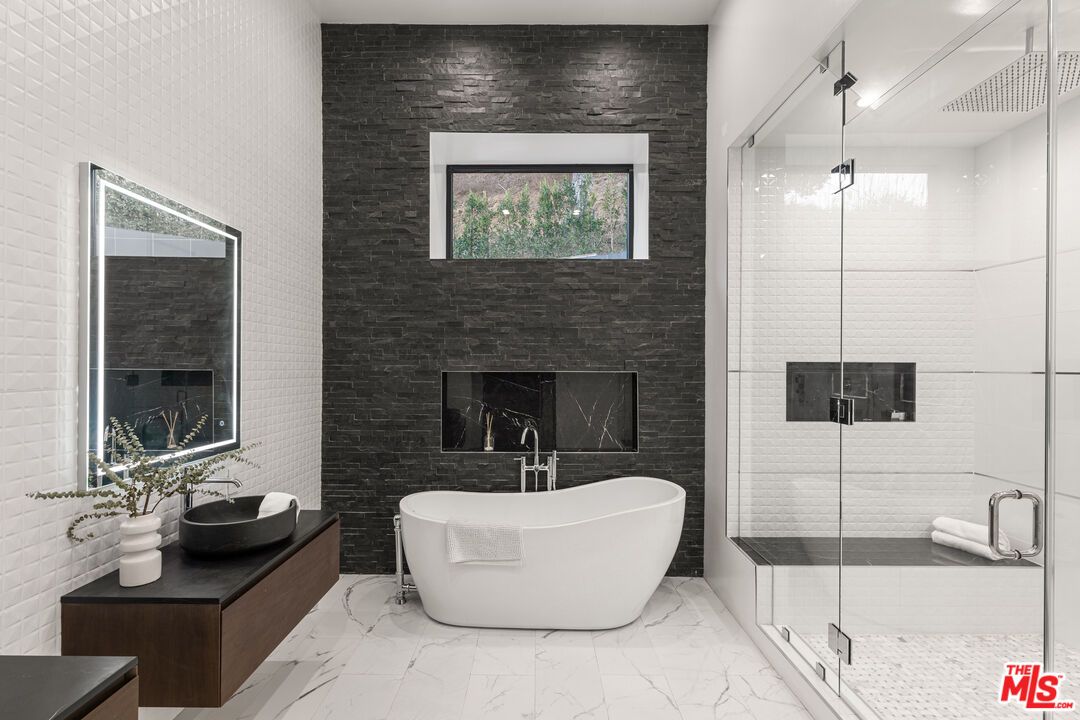 Bathroom, Free Standing Baths, Glass Shower, Interior, Marble, Stone Walls