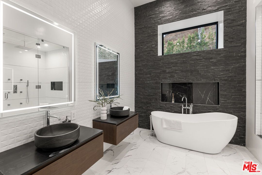 Bathroom, Dual Sink Vanities, Free Standing Baths, Glass Shower, Interior, Marble