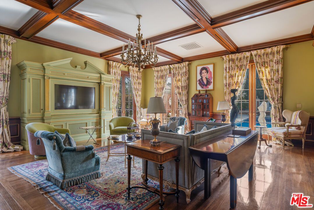 Chandelier, Interior, Living room, Wooden Beams, Wood Texture Flooring