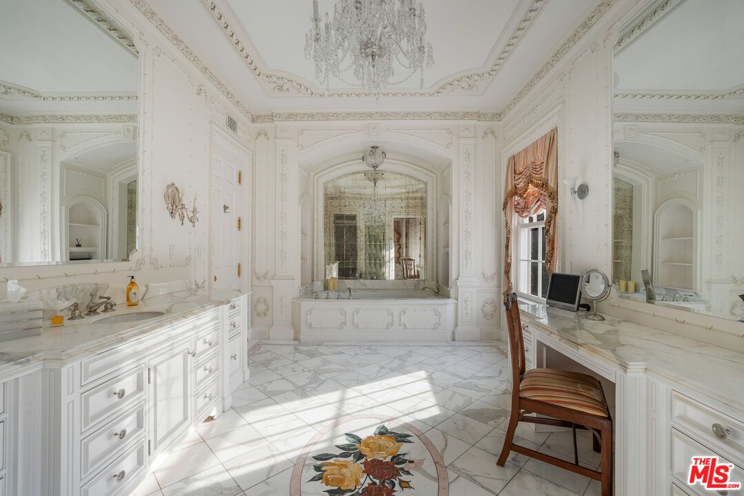 Bathroom, Chandelier, Dual Sink Vanities, Interior, Marble