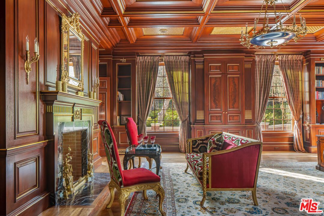 Fireplace, Home Office, Interior, Pendant Lights, Wooden Beams, Wooden Ceilings, Wood Texture Flooring, Wooden Walls