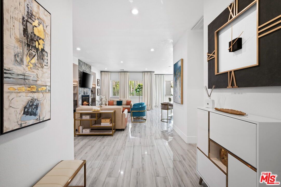 Fireplace, Interior, Living room, Recessed Lighting, Wood Texture Flooring
