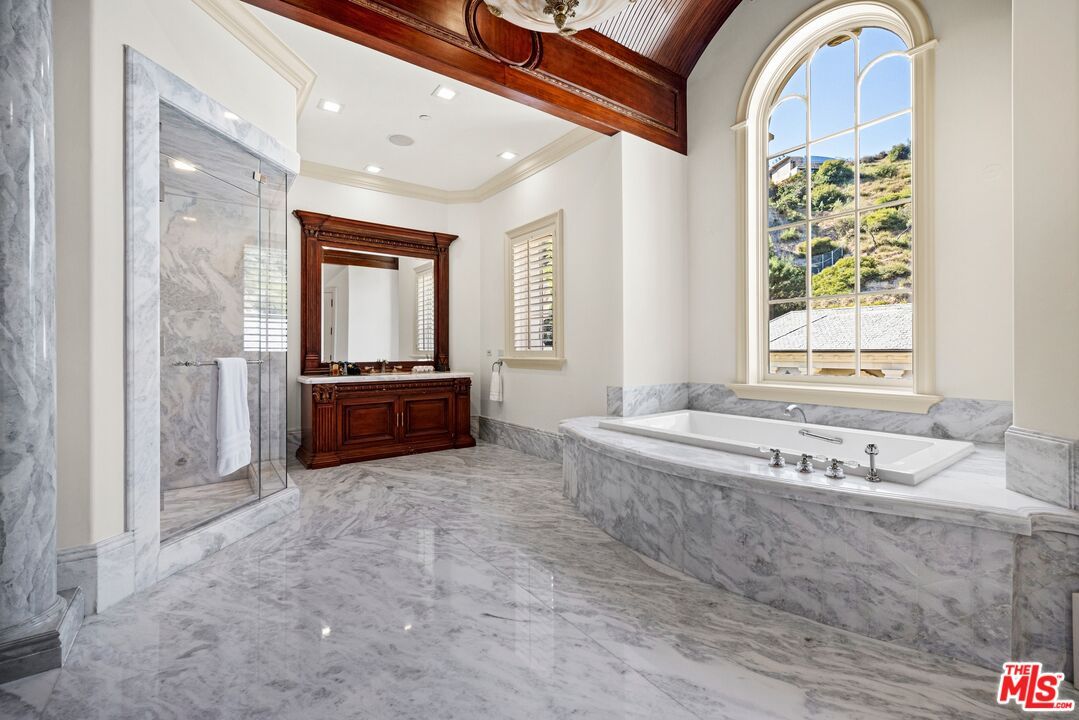 Bathroom, Glass Shower, Interior, Marble, Marble Walls, Recessed Lighting