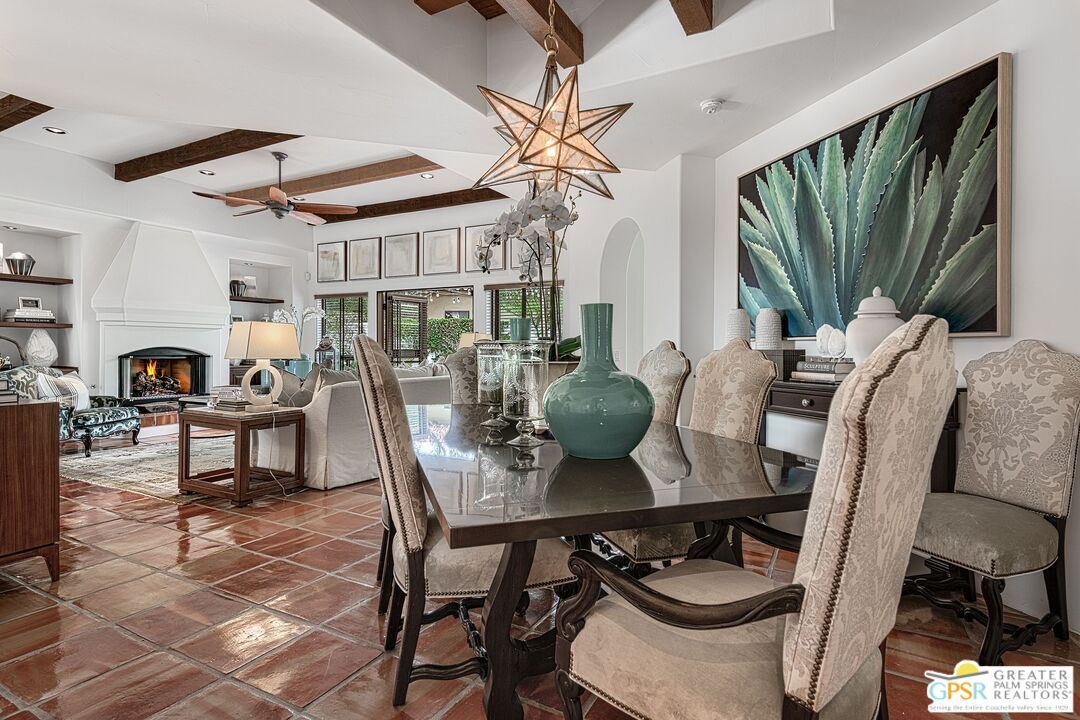 Dining room, Fireplace, Interior, Living room, Pendant Lights, Recessed Lighting, Wooden Beams