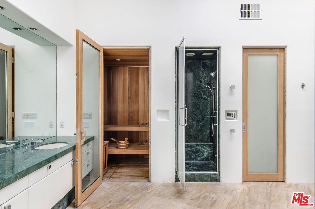 Bathroom, Dual Sink Vanities, Glass Shower, Interior, Recessed Lighting, Sauna Room
