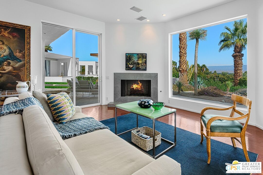 Fireplace, Interior, Living room, Recessed Lighting, Water, Wood Texture Flooring