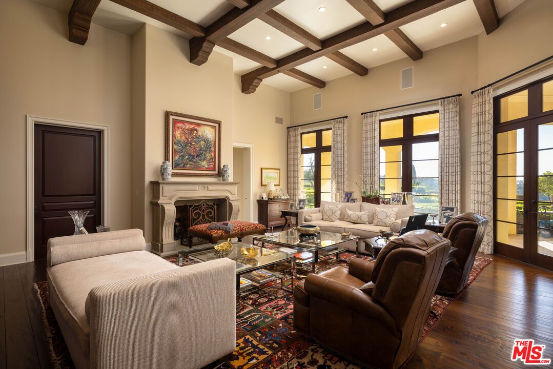 Fireplace, Interior, Living room, Recessed Lighting, Wooden Beams, Wood Texture Flooring