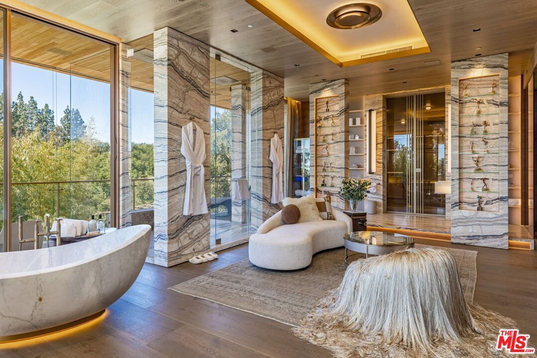 Bathroom, Free Standing Baths, Interior, Recessed Lighting, Wood Texture Flooring, Wooden Walls