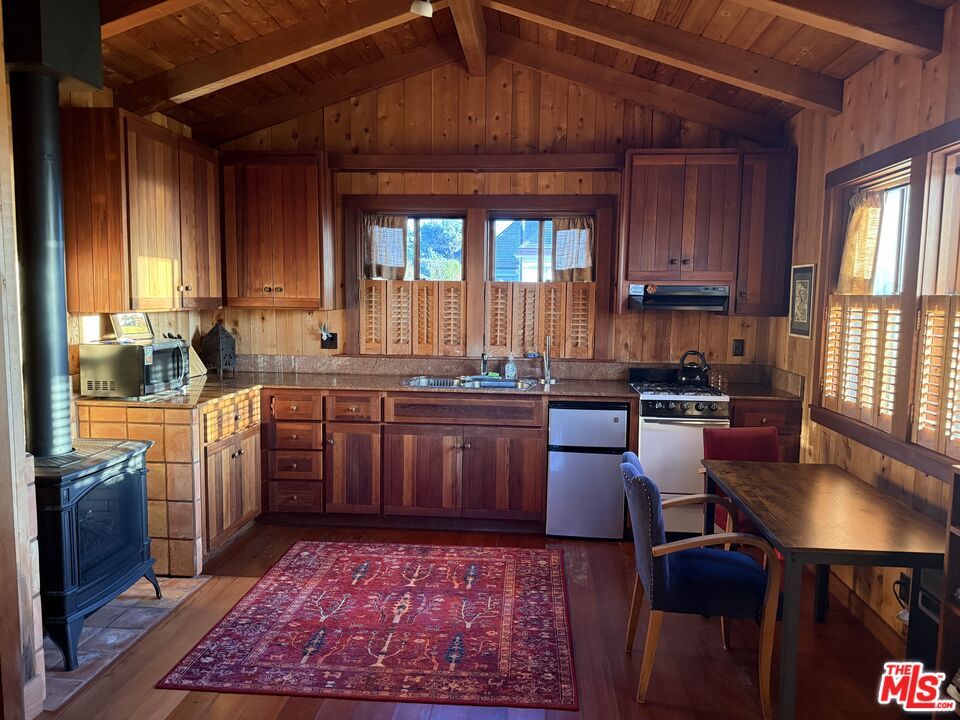 Interior, Kitchen, Tile Countertops, Wooden Beams, Wooden Ceilings, Wood Texture Flooring, Wooden Walls
