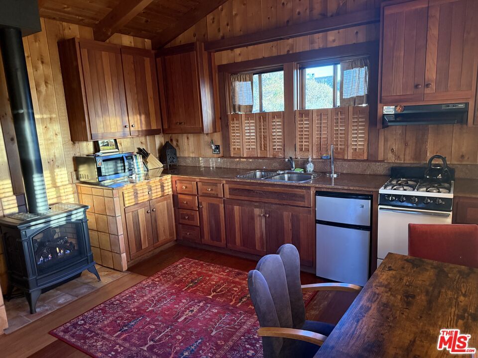 Fireplace, Interior, Kitchen, Tile Countertops, Wooden Beams, Wooden Ceilings, Wood Texture Flooring, Wooden Walls