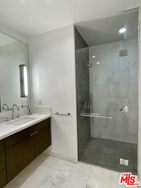 Bathroom, Dual Sink Vanities, Glass Shower, Interior, Marble, Recessed Lighting