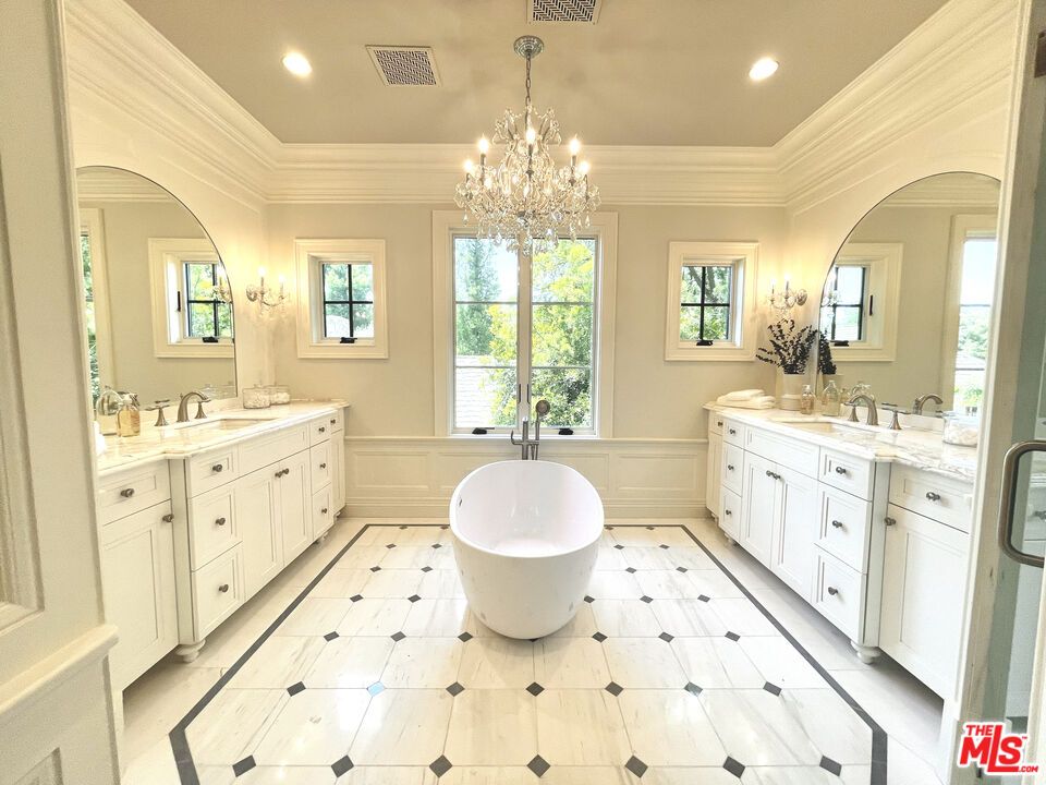 Bathroom, Chandelier, Dual Sink Vanities, Free Standing Baths, Interior, Marble, Recessed Lighting
