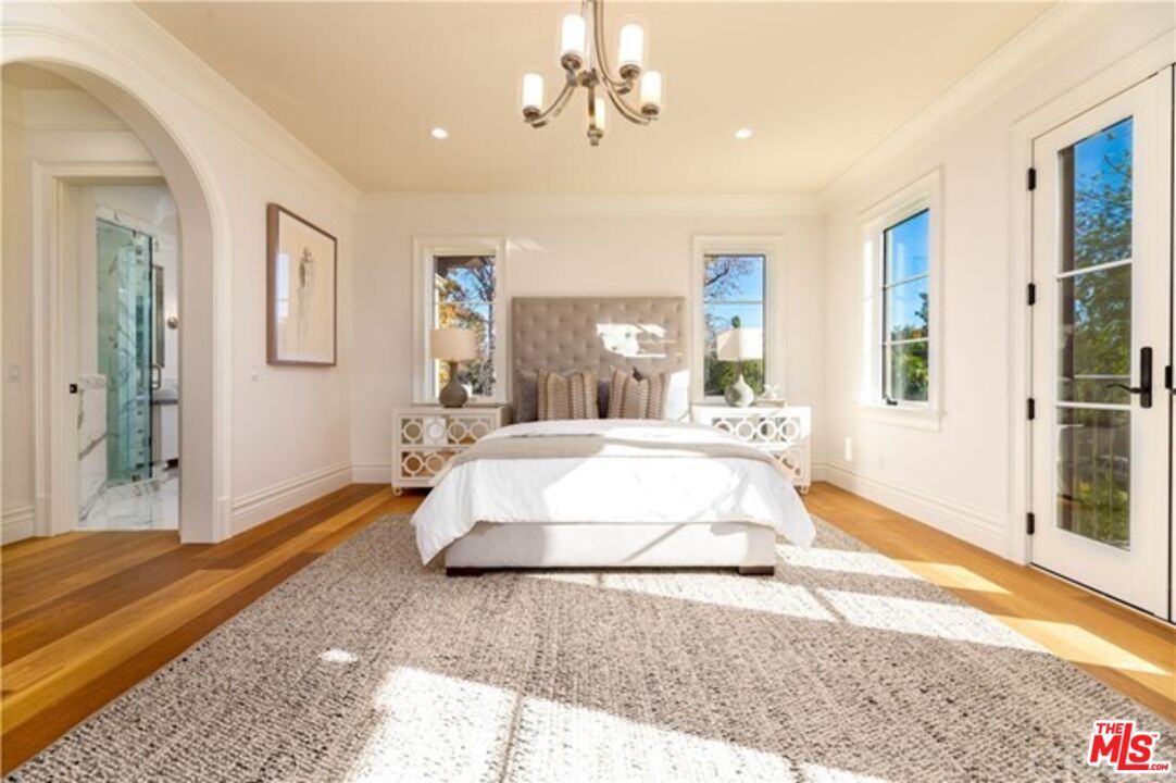 Bedroom, Chandelier, Interior, Recessed Lighting, Wood Texture Flooring