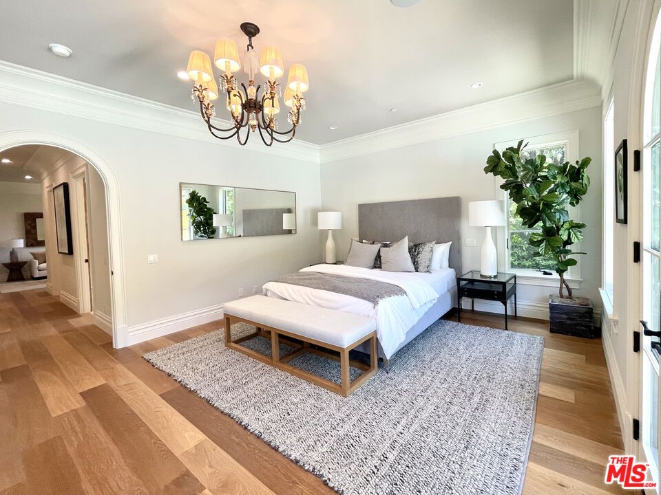 Bedroom, Chandelier, Interior, Recessed Lighting, Wood Texture Flooring