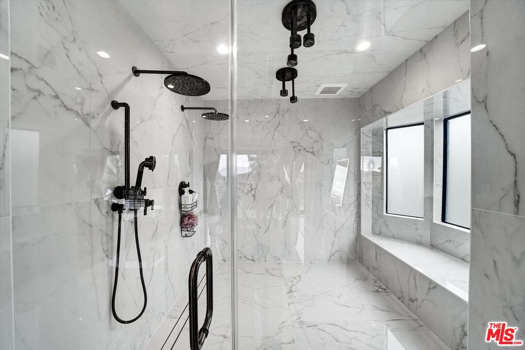 Bathroom, Glass Shower, Interior, Marble, Marble Walls, Recessed Lighting