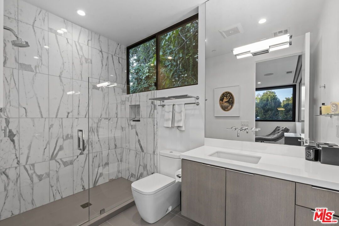 Bathroom, Glass Shower, Interior, Marble Walls, Recessed Lighting