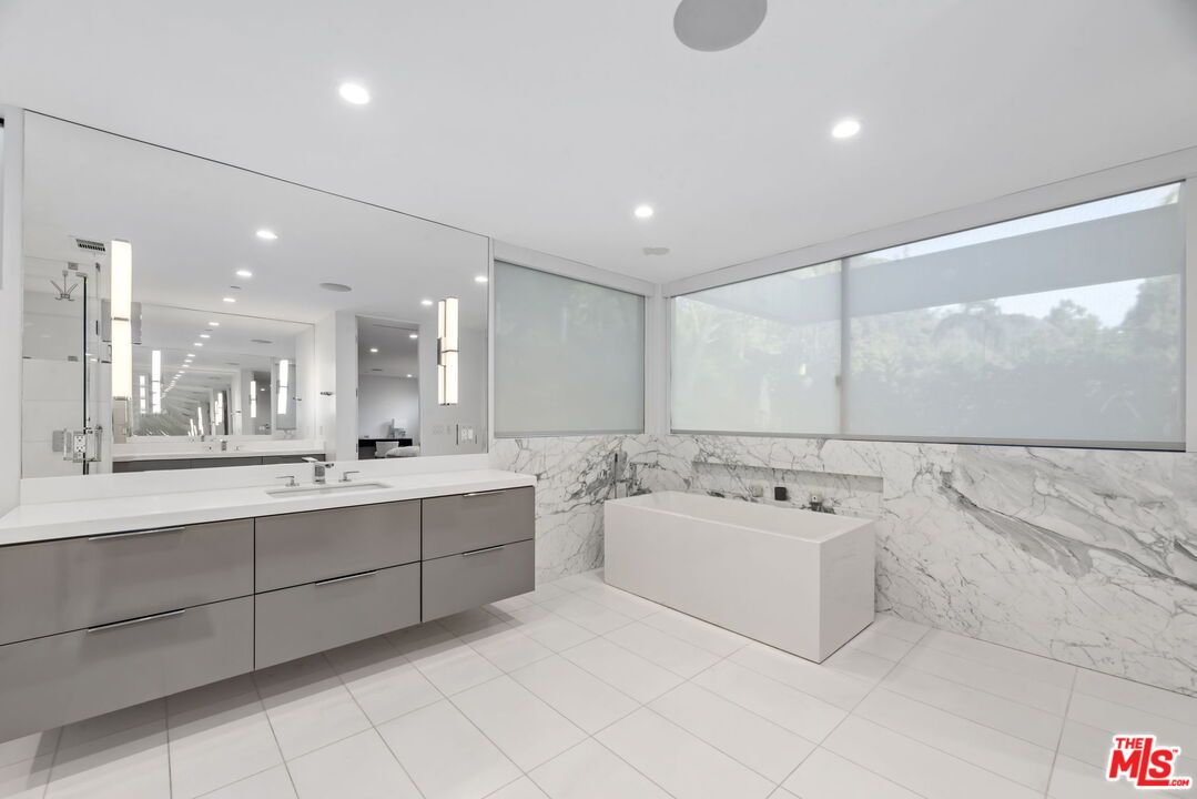 Bathroom, Dual Sink Vanities, Interior, Marble Walls, Recessed Lighting