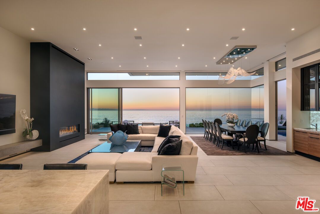 Dining room, Fireplace, Interior, Living room, Recessed Lighting, Water