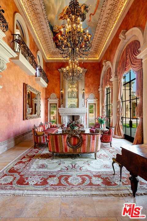 Chandelier, Fireplace, Interior
