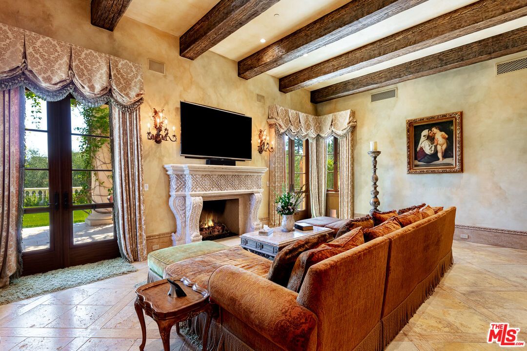 Fireplace, Interior, Living room, Recessed Lighting, Wooden Beams