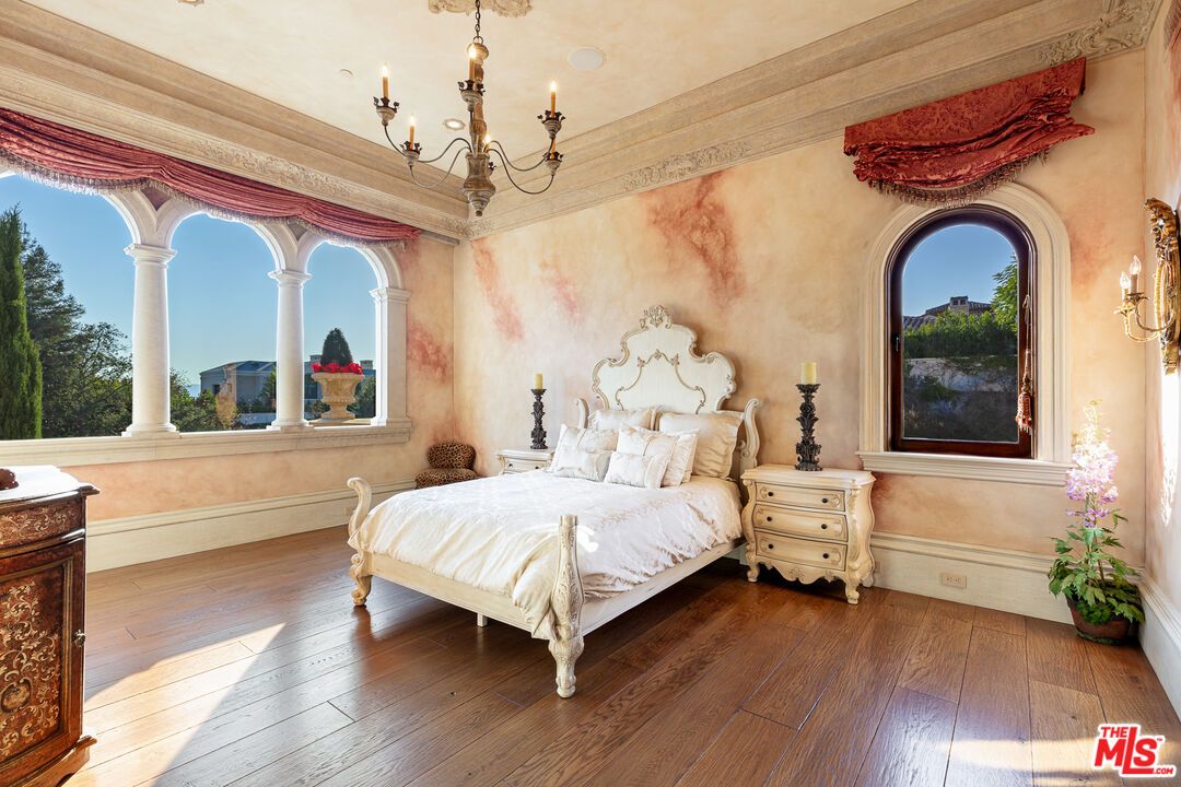 Bedroom, Chandelier, Interior, Wood Texture Flooring