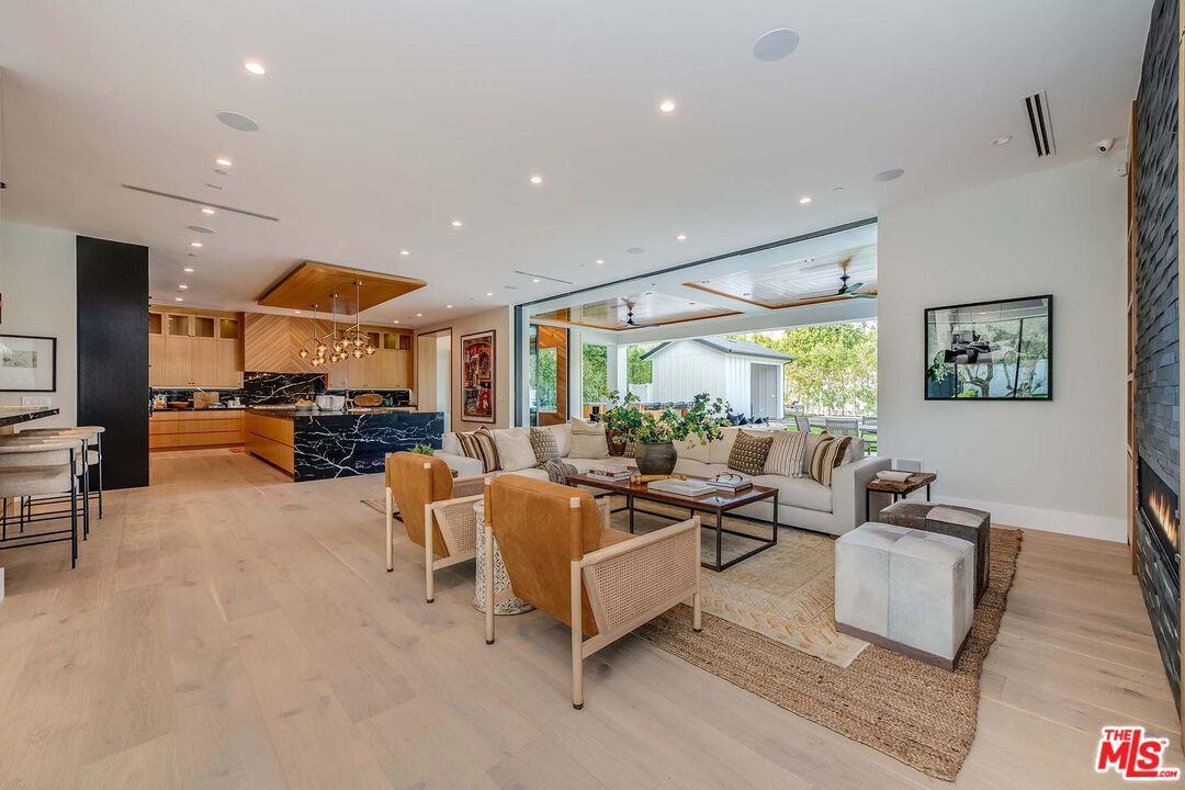 Dining room, Fireplace, Interior, Kitchen, Living room, Pendant Lights, Recessed Lighting, Wood Texture Flooring