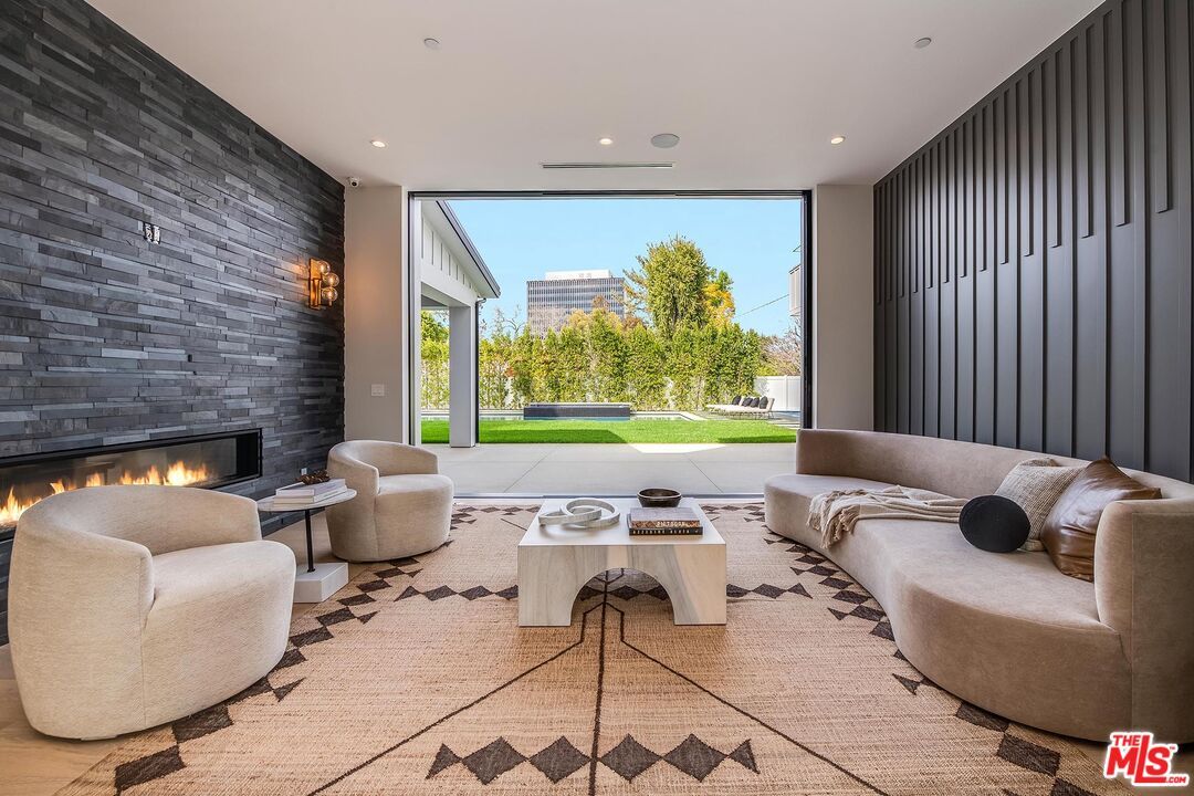 Fireplace, Interior, Living room, Recessed Lighting, Stone Walls