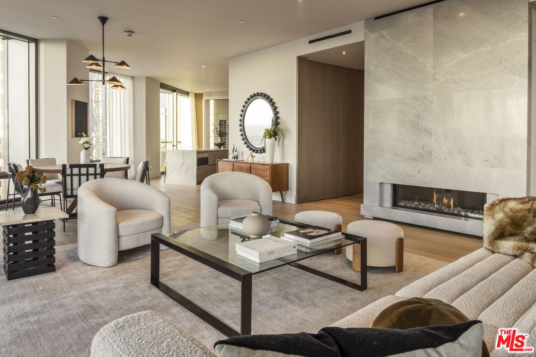Dining room, Fireplace, Interior, Living room, Pendant Lights, Recessed Lighting, Wood Texture Flooring