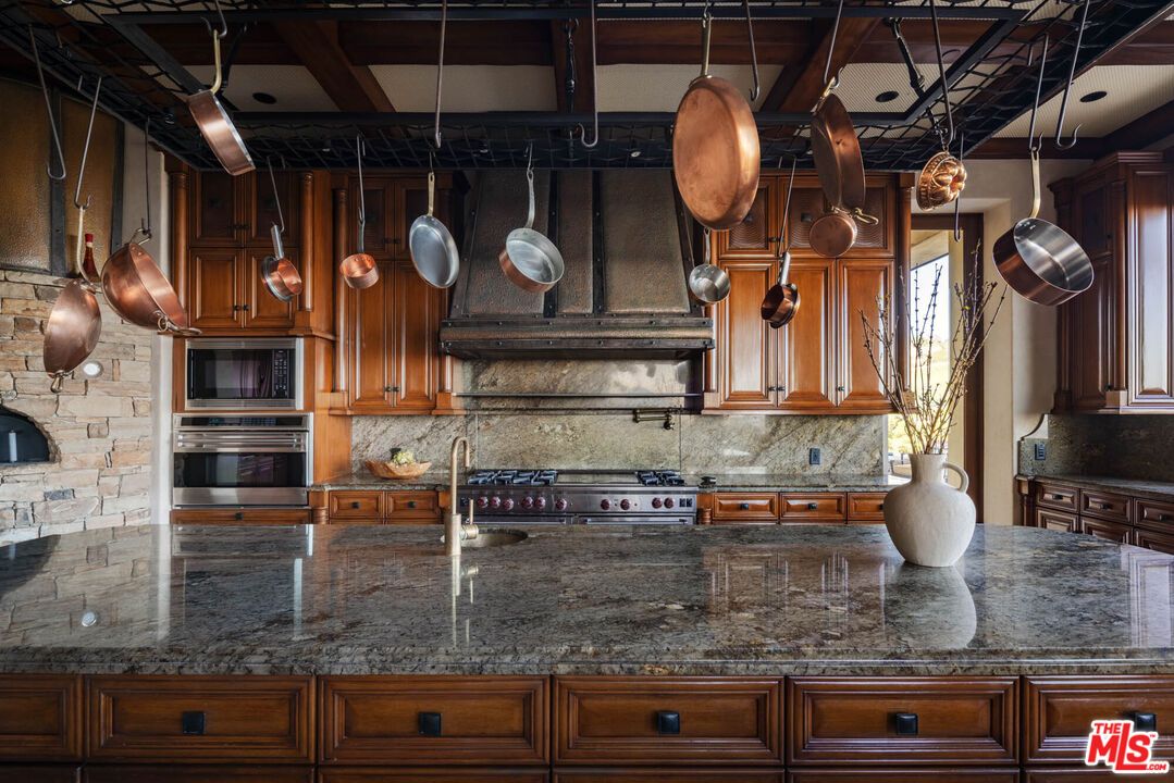 Interior, Kitchen, Pendant Lights, Stainless Steel Appliances, Stone Walls, Wooden Beams