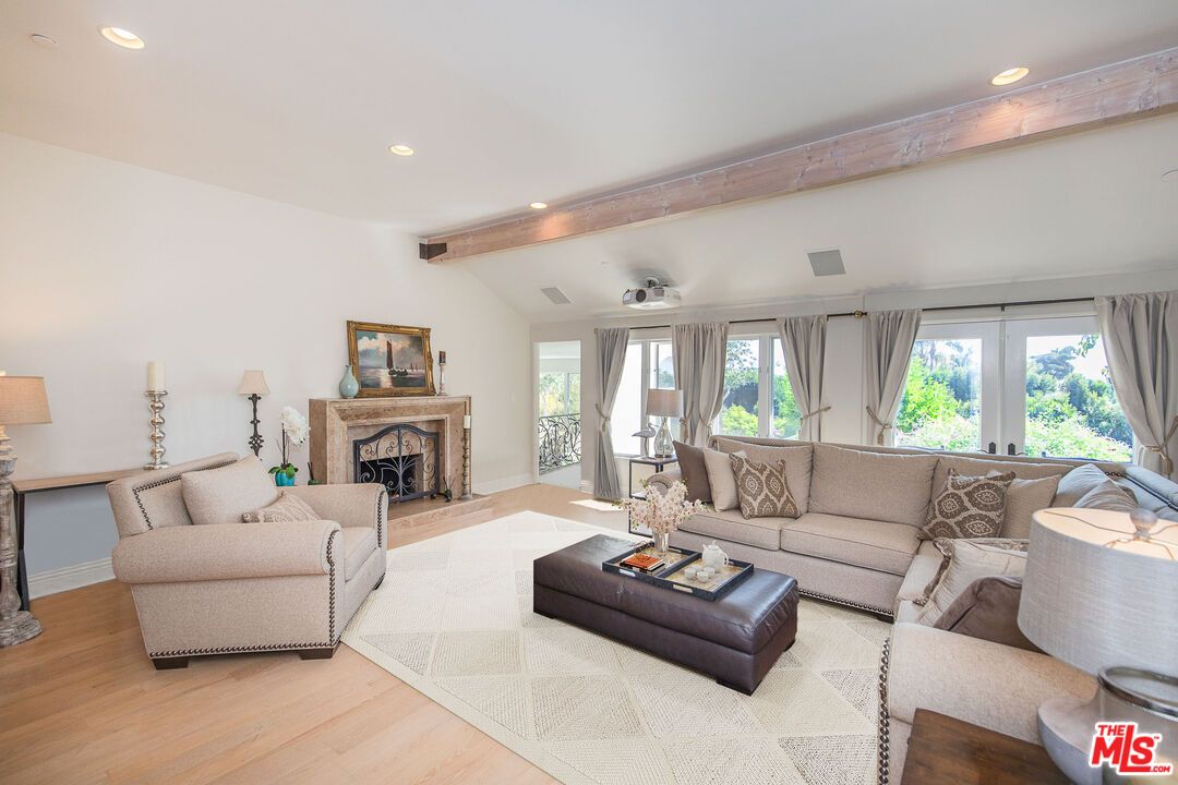 Fireplace, Interior, Living room, Recessed Lighting, Wooden Beams, Wood Texture Flooring