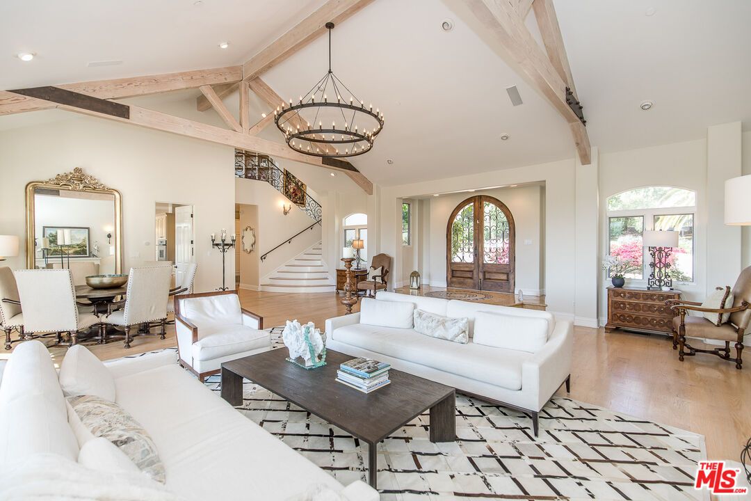 Chandelier, Dining room, Interior, Living room, Recessed Lighting, Wooden Beams, Wood Texture Flooring