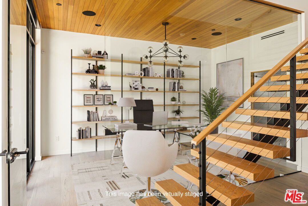 Home Office, Interior, Pendant Lights, Recessed Lighting, Wooden Ceilings, Wood Texture Flooring