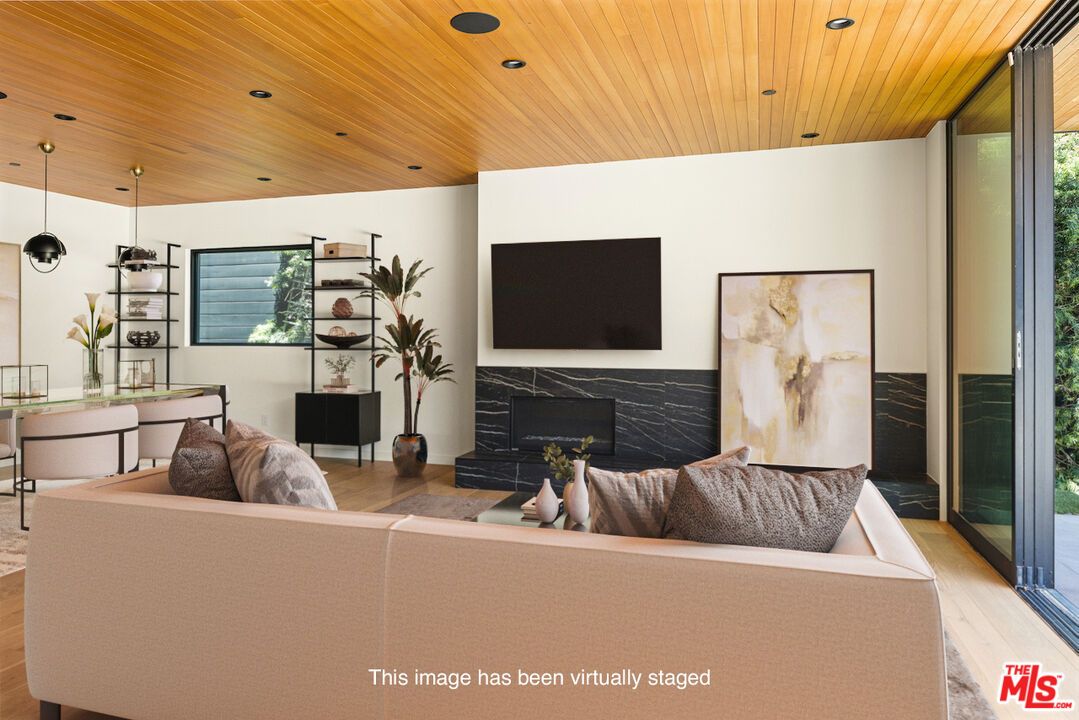 Fireplace, Interior, Living room, Recessed Lighting, Wooden Ceilings, Wood Texture Flooring